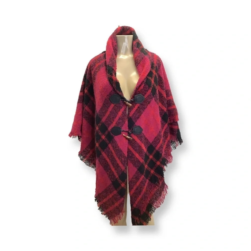 Juicy Couture One Size, Jacket Poncho Cape Red/Pink/Black Plaid Boucle. New
